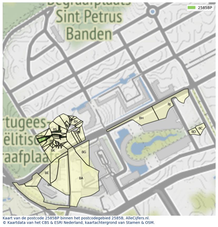 Afbeelding van het postcodegebied 2585 BP op de kaart.