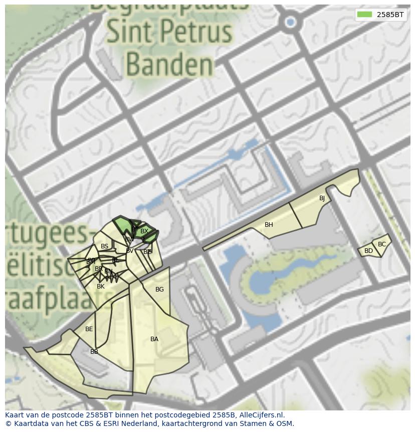 Afbeelding van het postcodegebied 2585 BT op de kaart.