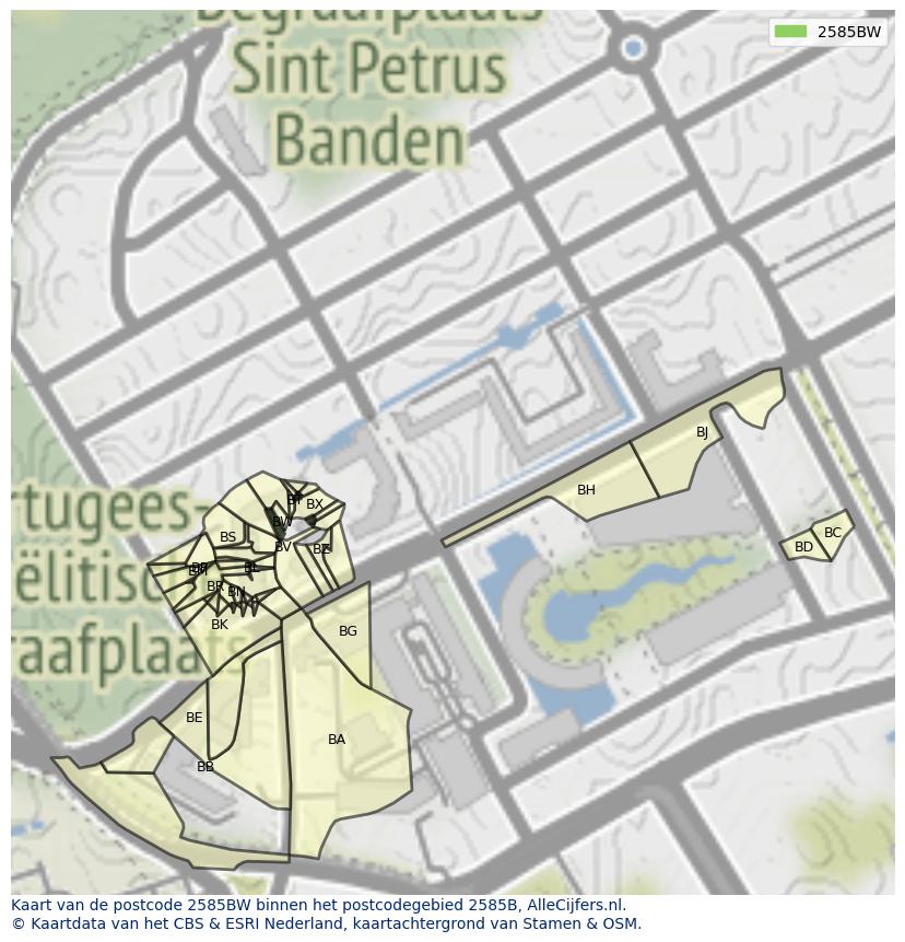 Afbeelding van het postcodegebied 2585 BW op de kaart.