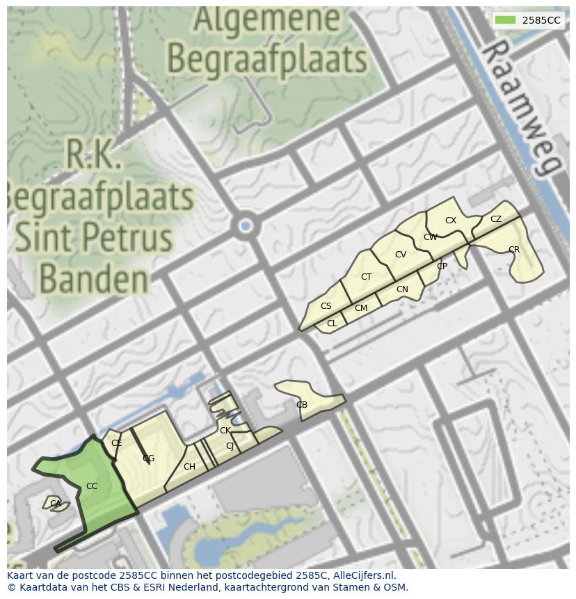 Afbeelding van het postcodegebied 2585 CC op de kaart.
