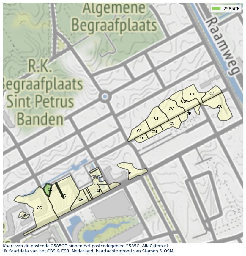 Afbeelding van het postcodegebied 2585 CE op de kaart.