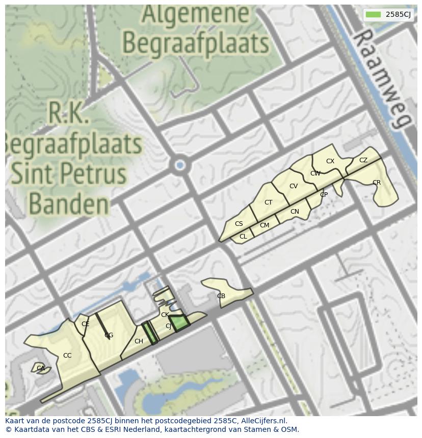 Afbeelding van het postcodegebied 2585 CJ op de kaart.