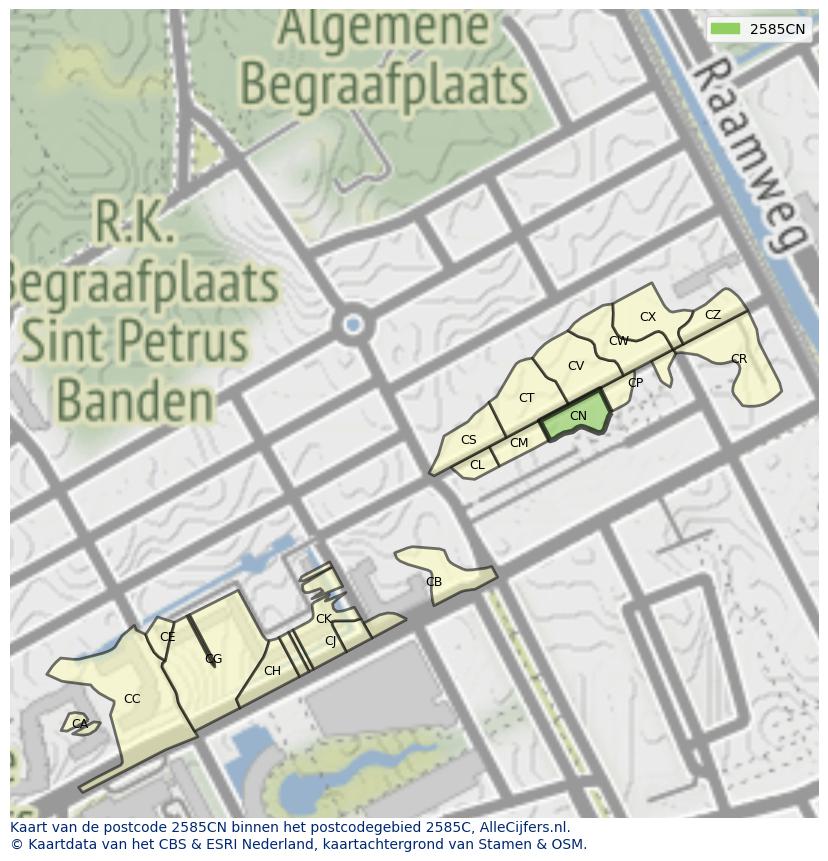 Afbeelding van het postcodegebied 2585 CN op de kaart.