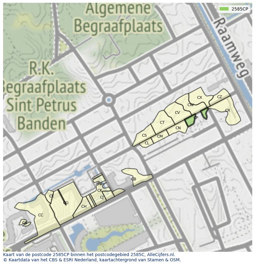 Afbeelding van het postcodegebied 2585 CP op de kaart.