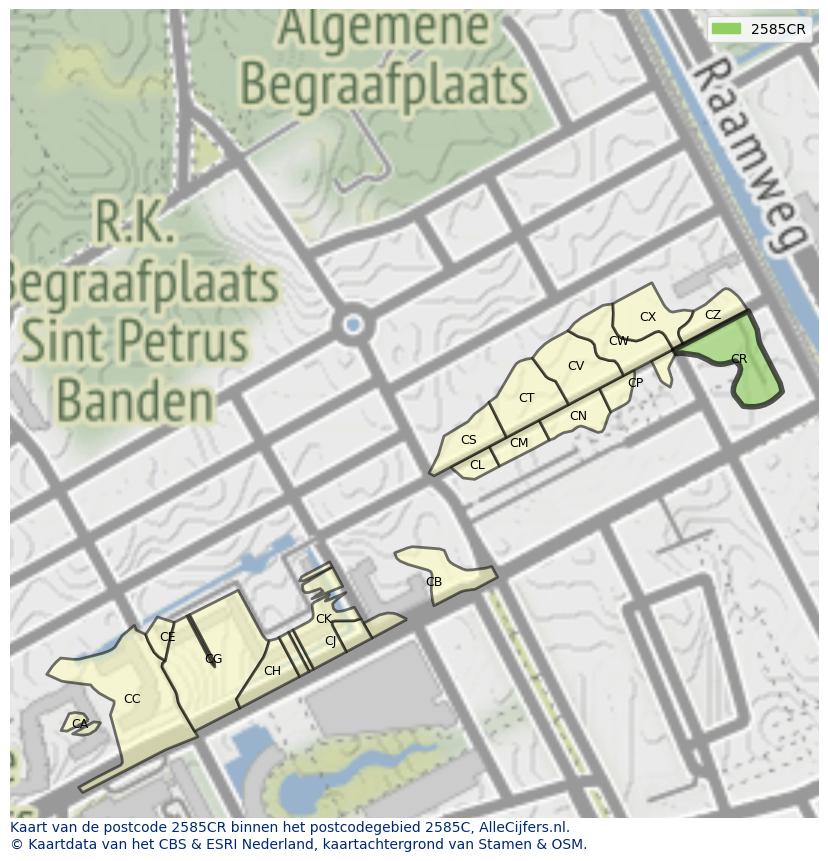 Afbeelding van het postcodegebied 2585 CR op de kaart.