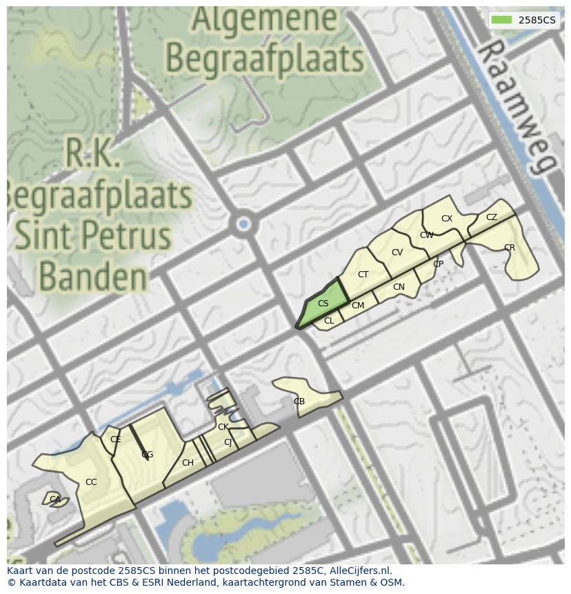 Afbeelding van het postcodegebied 2585 CS op de kaart.