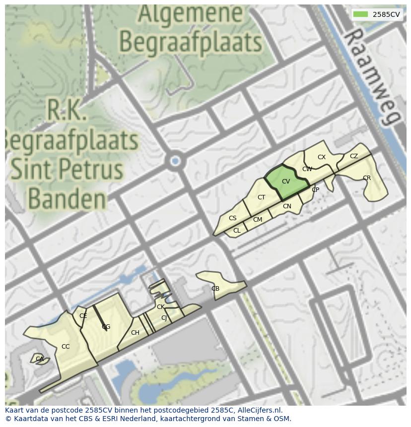 Afbeelding van het postcodegebied 2585 CV op de kaart.
