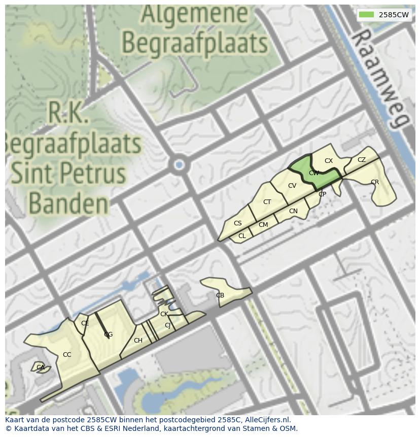 Afbeelding van het postcodegebied 2585 CW op de kaart.