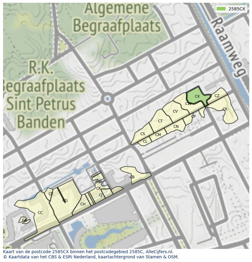 Afbeelding van het postcodegebied 2585 CX op de kaart.