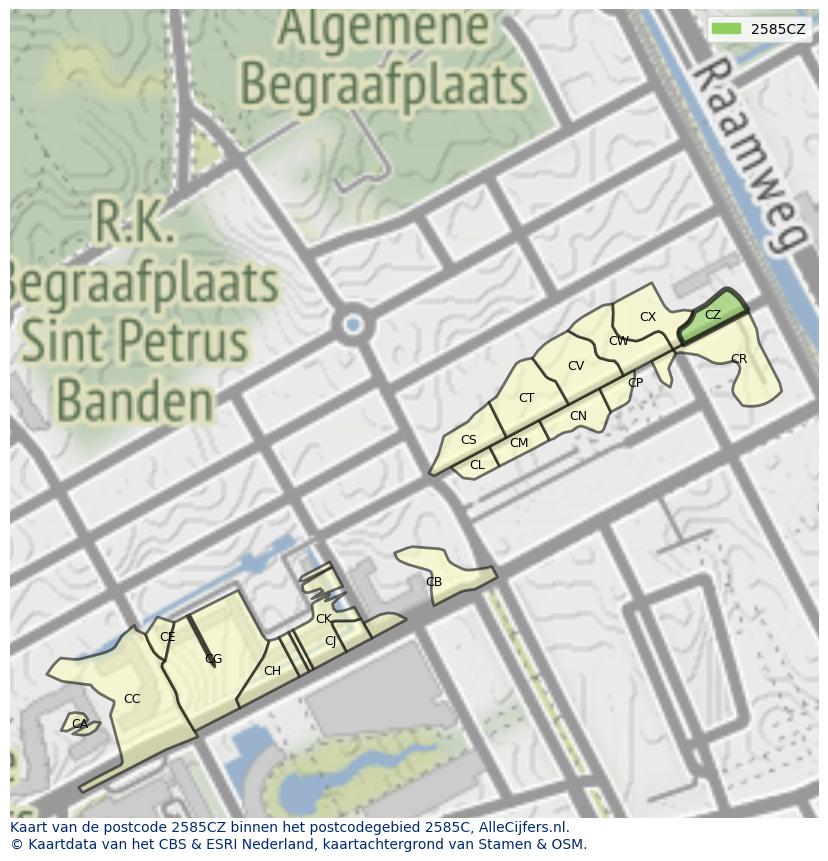 Afbeelding van het postcodegebied 2585 CZ op de kaart.