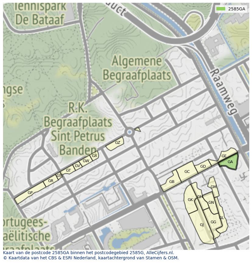 Afbeelding van het postcodegebied 2585 GA op de kaart.