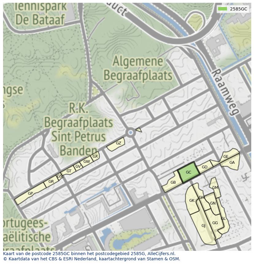 Afbeelding van het postcodegebied 2585 GC op de kaart.