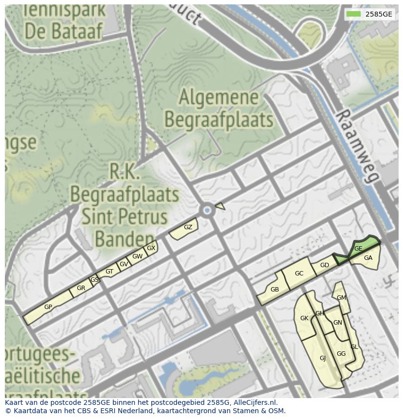 Afbeelding van het postcodegebied 2585 GE op de kaart.