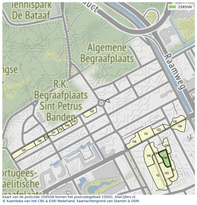 Afbeelding van het postcodegebied 2585 GN op de kaart.