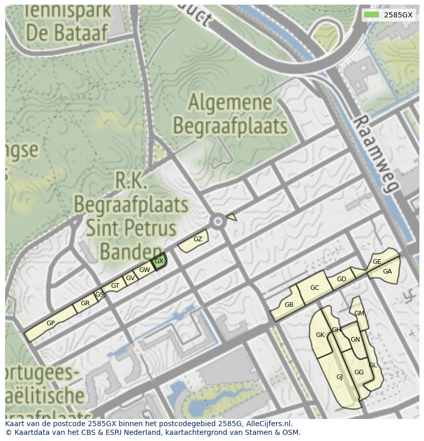 Afbeelding van het postcodegebied 2585 GX op de kaart.
