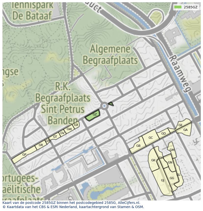 Afbeelding van het postcodegebied 2585 GZ op de kaart.
