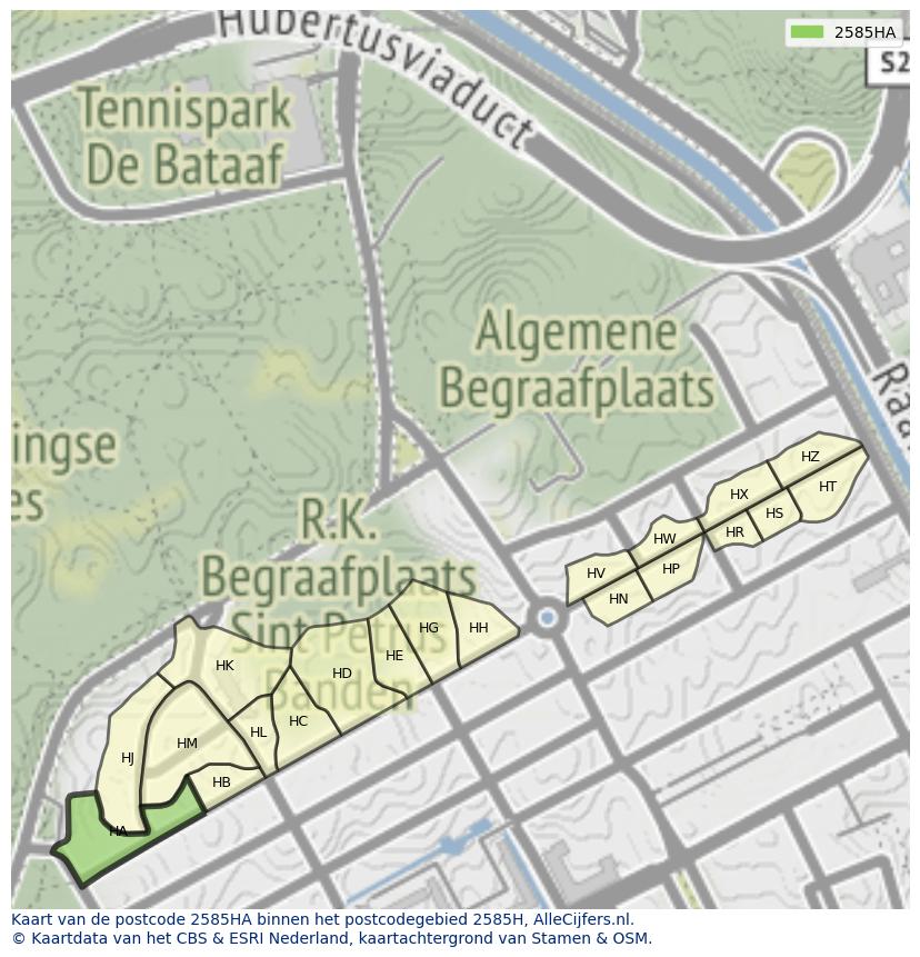 Afbeelding van het postcodegebied 2585 HA op de kaart.