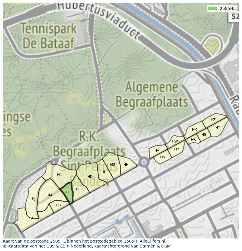 Afbeelding van het postcodegebied 2585 HL op de kaart.