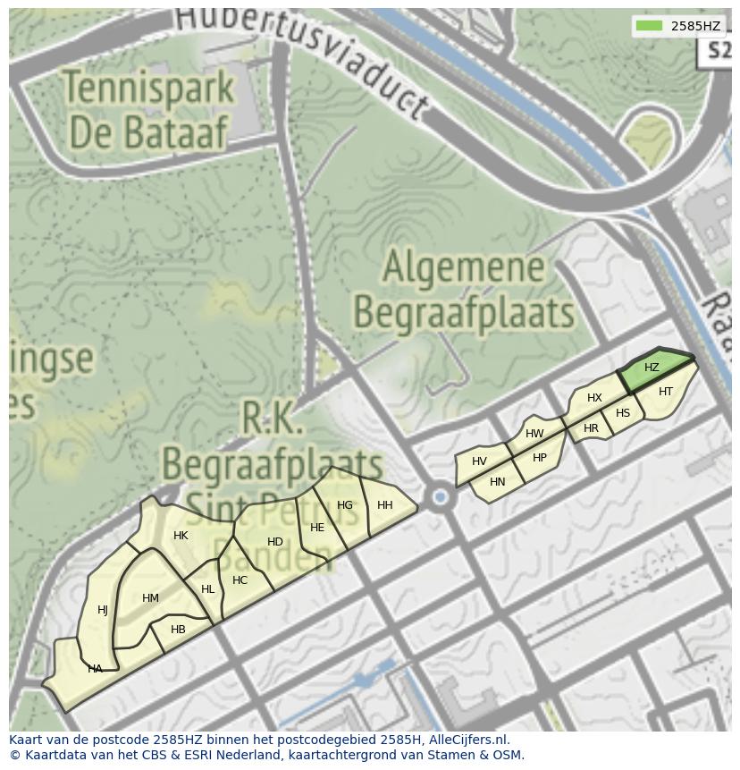 Afbeelding van het postcodegebied 2585 HZ op de kaart.