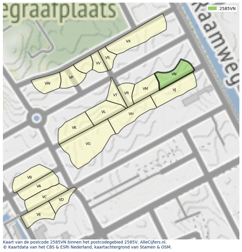 Afbeelding van het postcodegebied 2585 VN op de kaart.