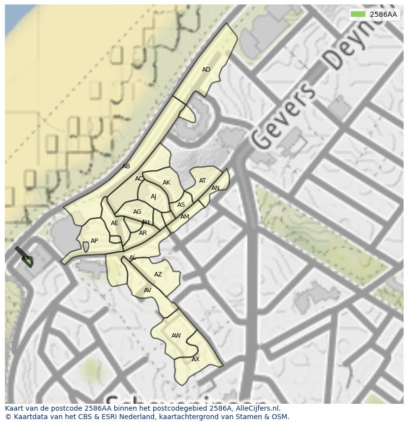 Afbeelding van het postcodegebied 2586 AA op de kaart.