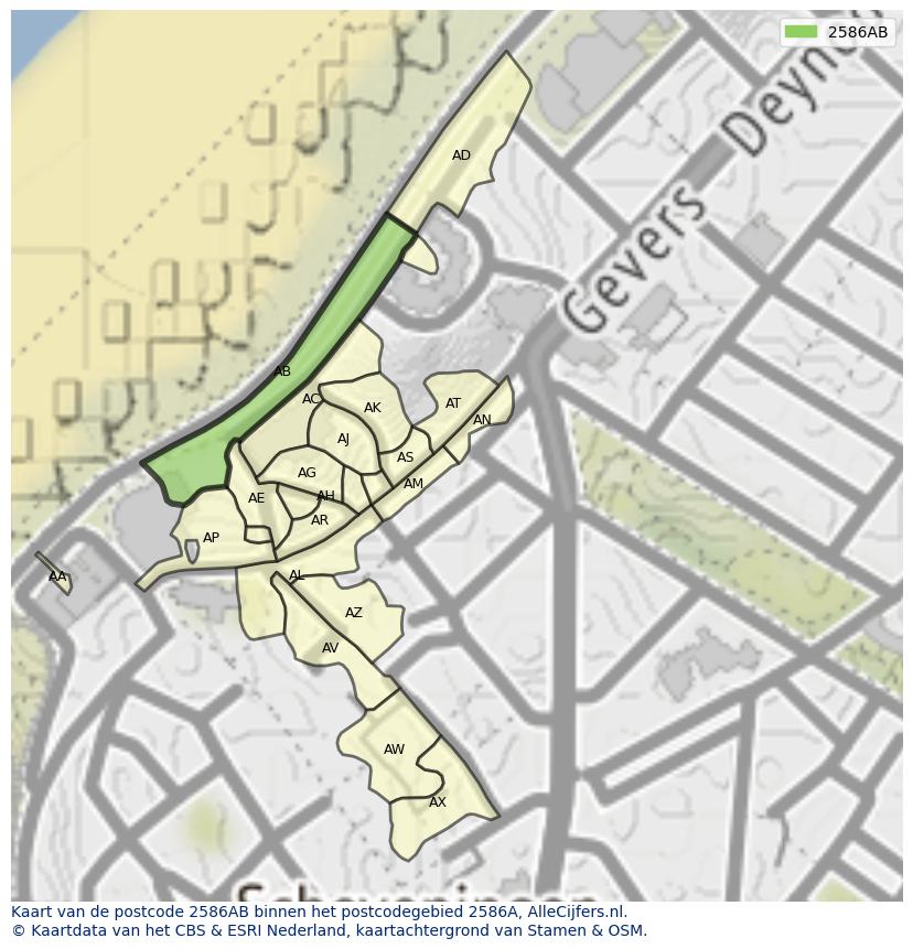 Afbeelding van het postcodegebied 2586 AB op de kaart.