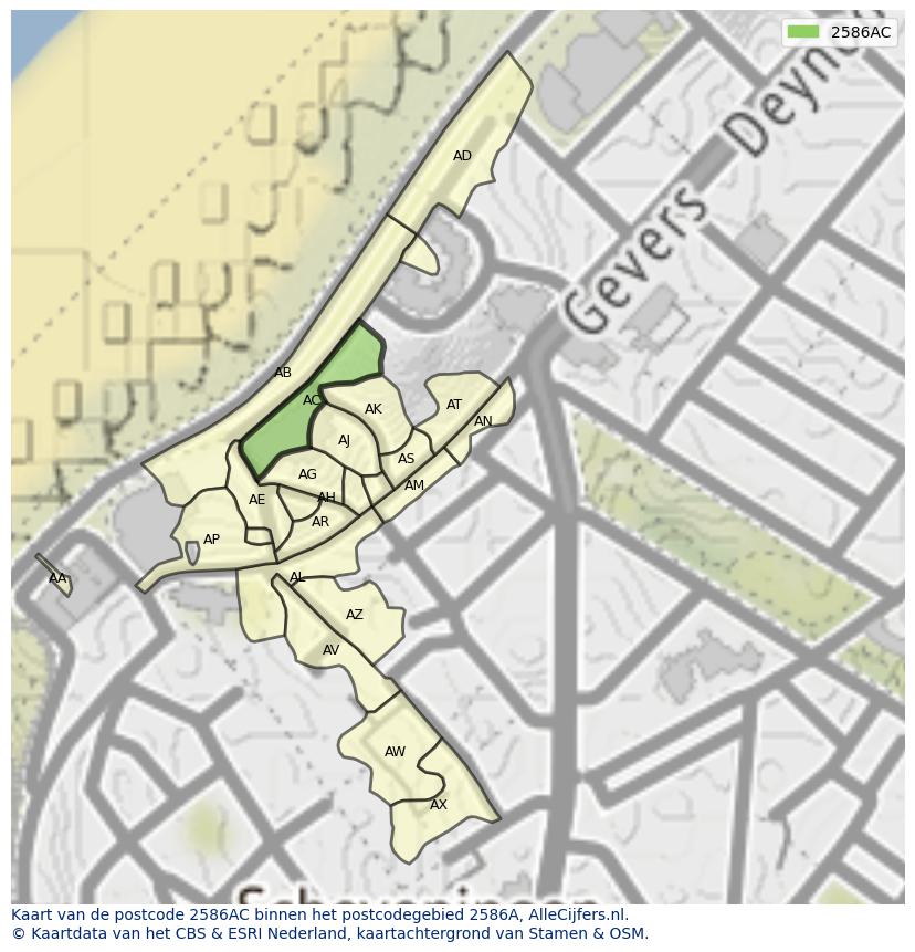 Afbeelding van het postcodegebied 2586 AC op de kaart.