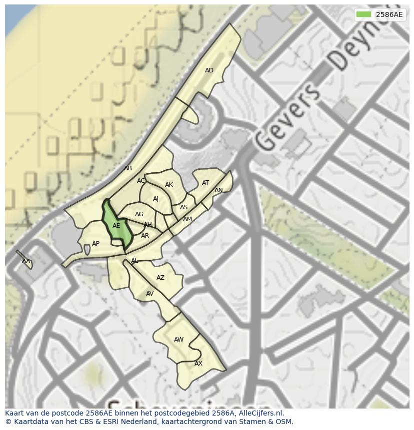 Afbeelding van het postcodegebied 2586 AE op de kaart.