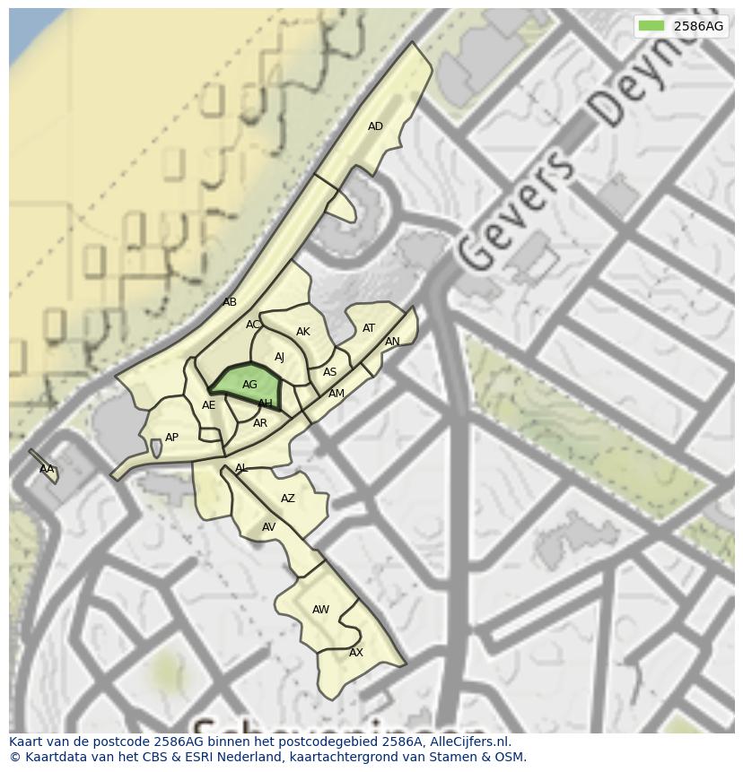 Afbeelding van het postcodegebied 2586 AG op de kaart.