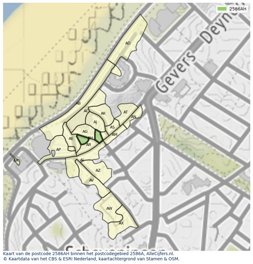 Afbeelding van het postcodegebied 2586 AH op de kaart.