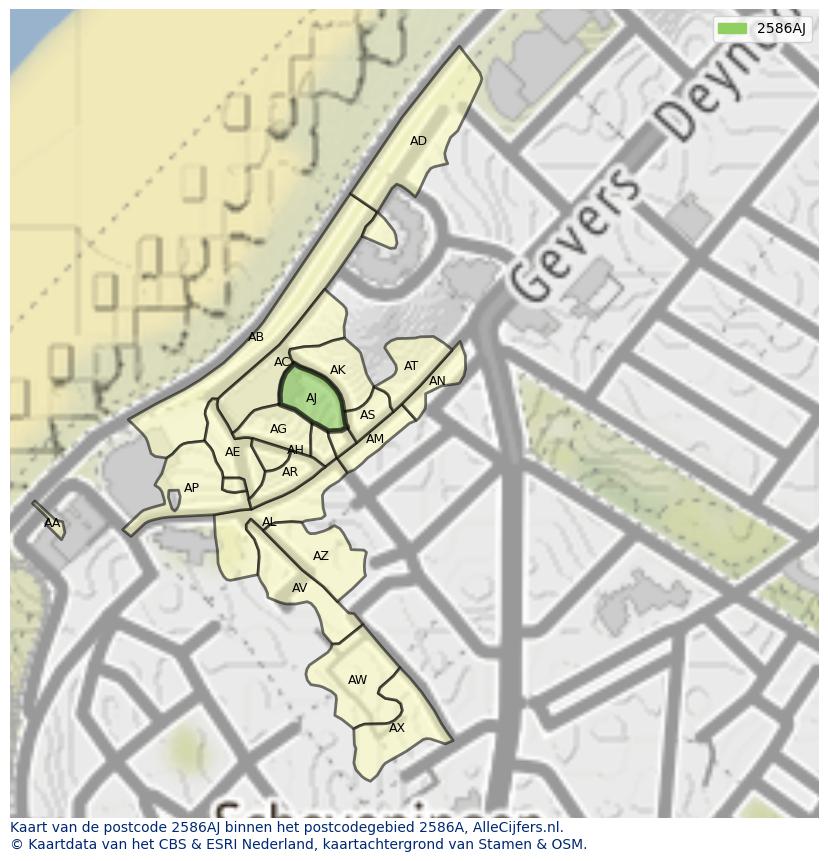 Afbeelding van het postcodegebied 2586 AJ op de kaart.