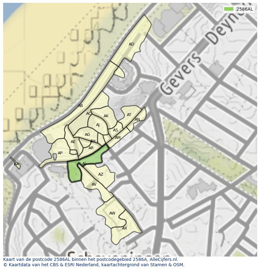Afbeelding van het postcodegebied 2586 AL op de kaart.
