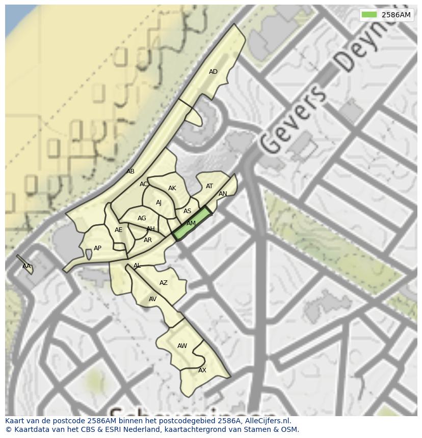 Afbeelding van het postcodegebied 2586 AM op de kaart.