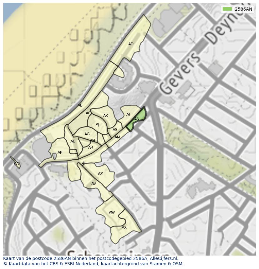 Afbeelding van het postcodegebied 2586 AN op de kaart.