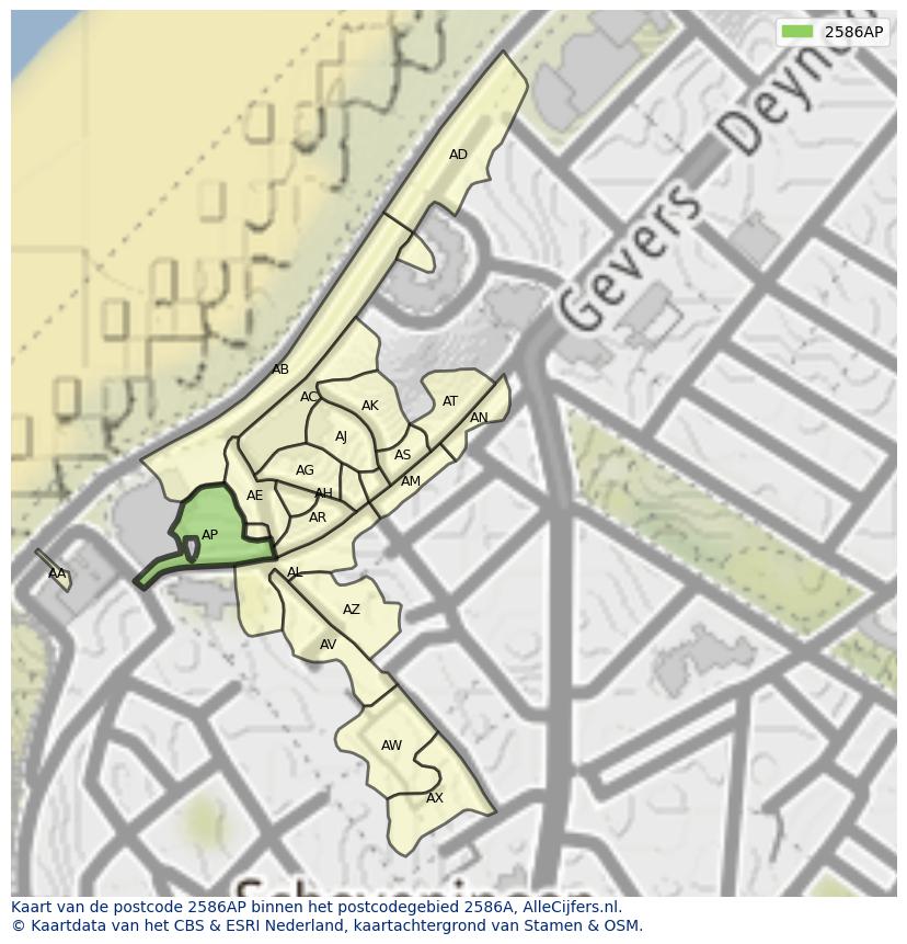 Afbeelding van het postcodegebied 2586 AP op de kaart.