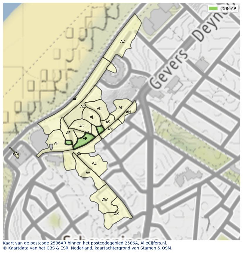 Afbeelding van het postcodegebied 2586 AR op de kaart.