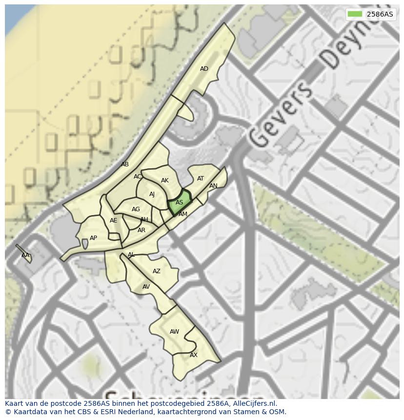 Afbeelding van het postcodegebied 2586 AS op de kaart.