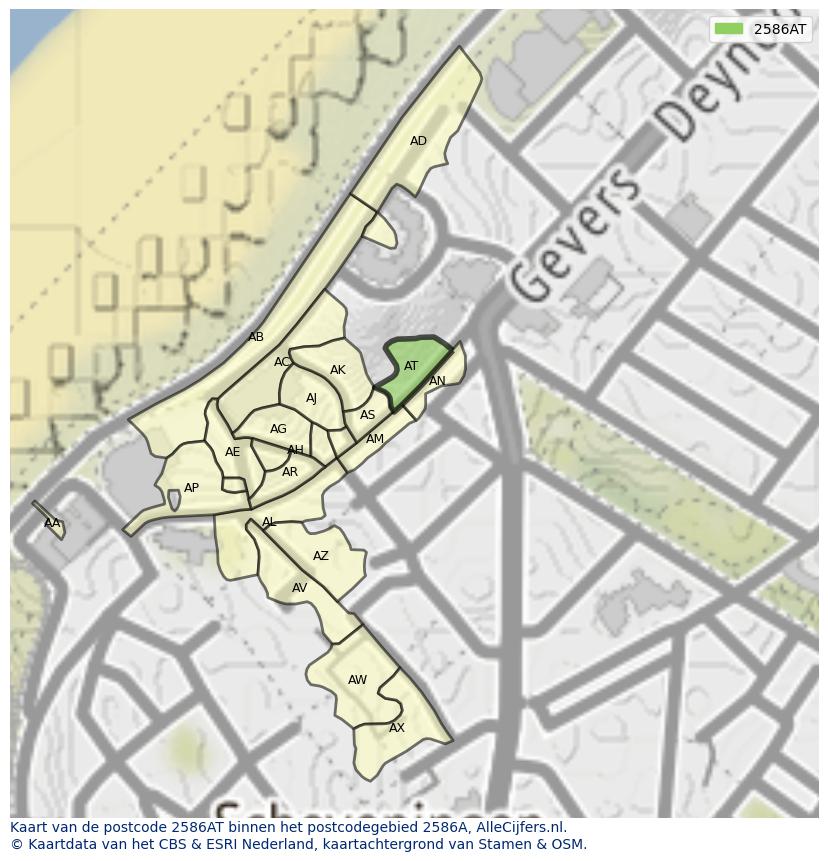 Afbeelding van het postcodegebied 2586 AT op de kaart.