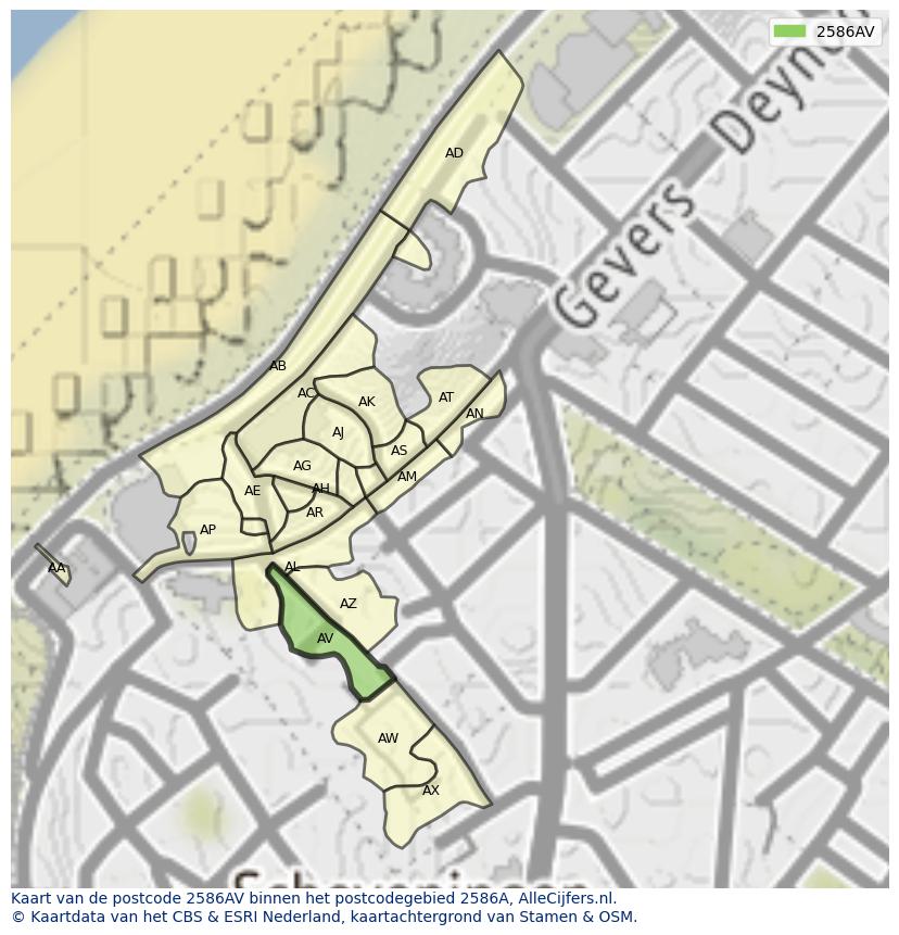 Afbeelding van het postcodegebied 2586 AV op de kaart.