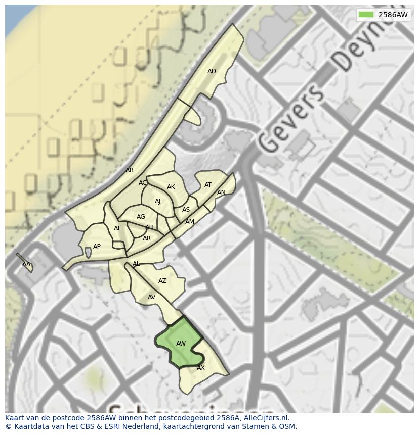 Afbeelding van het postcodegebied 2586 AW op de kaart.