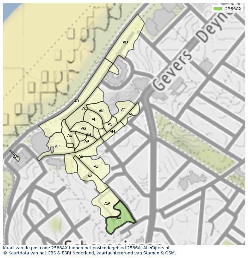 Afbeelding van het postcodegebied 2586 AX op de kaart.