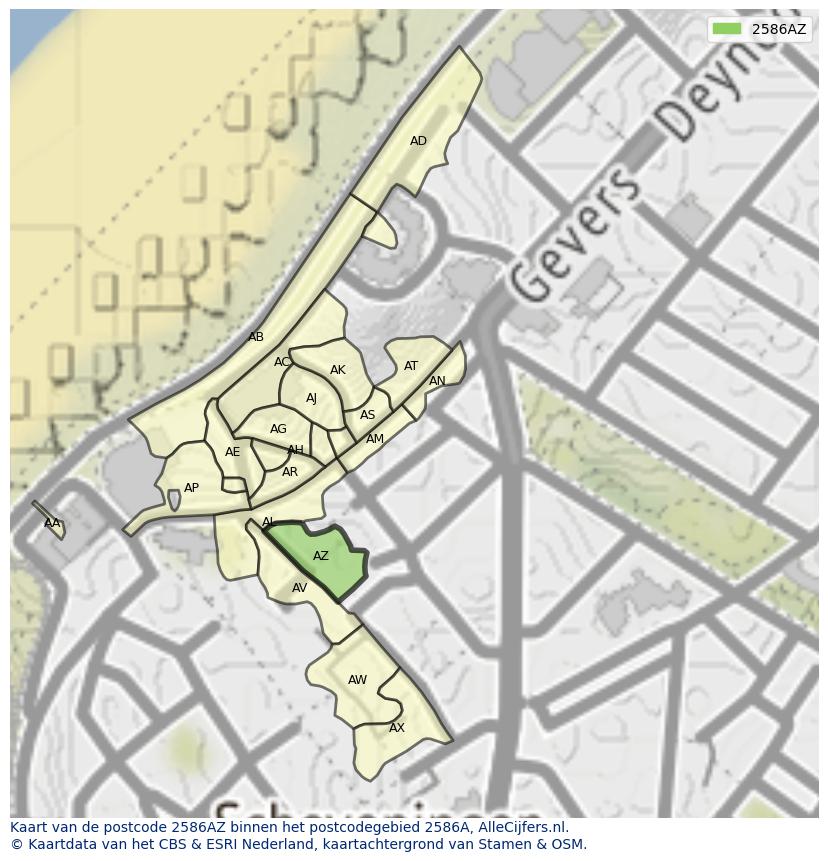 Afbeelding van het postcodegebied 2586 AZ op de kaart.