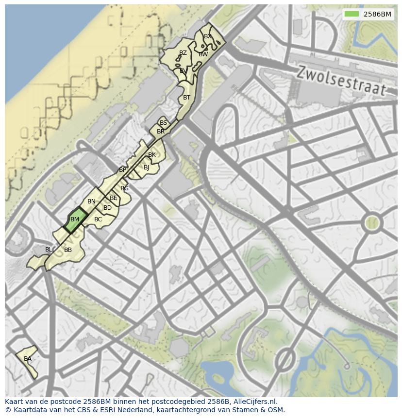 Afbeelding van het postcodegebied 2586 BM op de kaart.