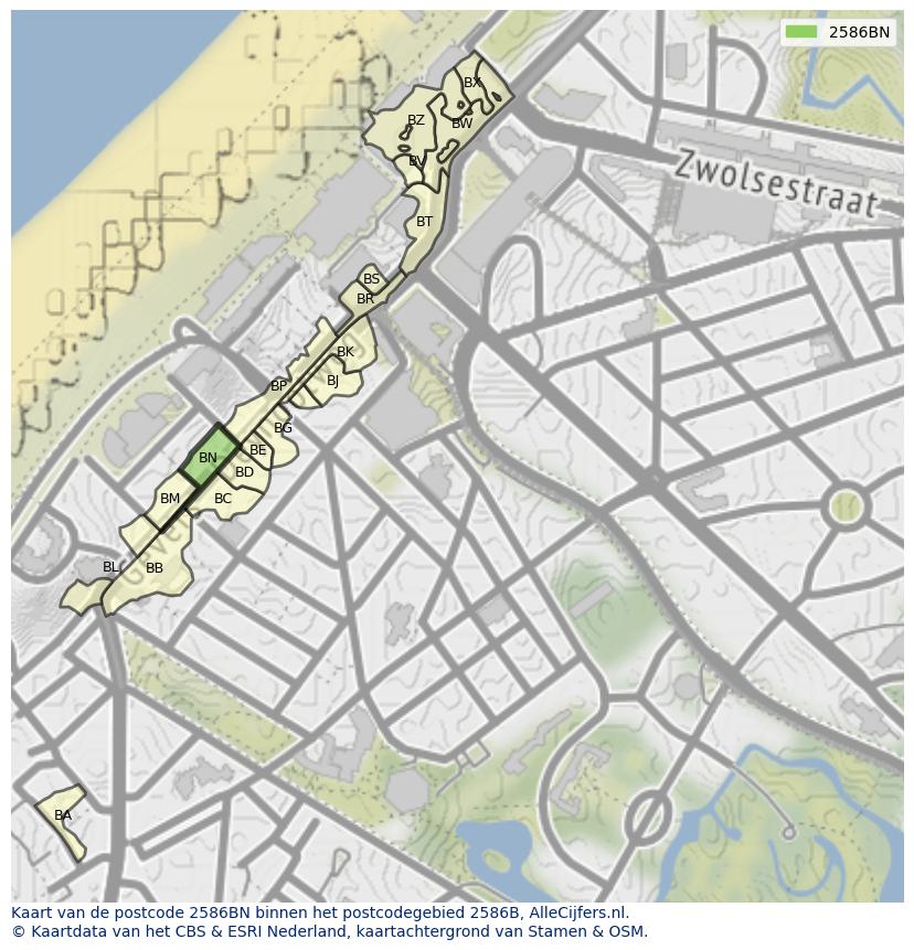 Afbeelding van het postcodegebied 2586 BN op de kaart.
