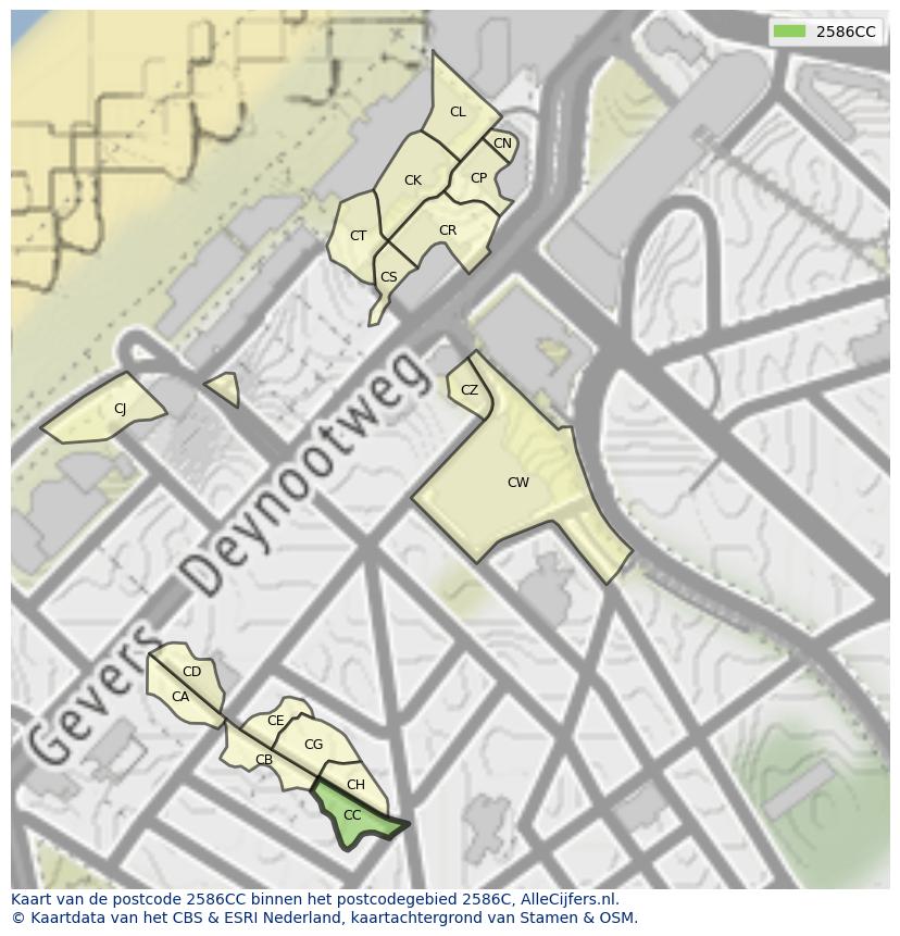 Afbeelding van het postcodegebied 2586 CC op de kaart.