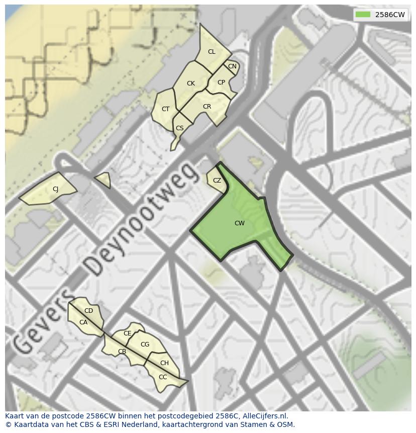 Afbeelding van het postcodegebied 2586 CW op de kaart.
