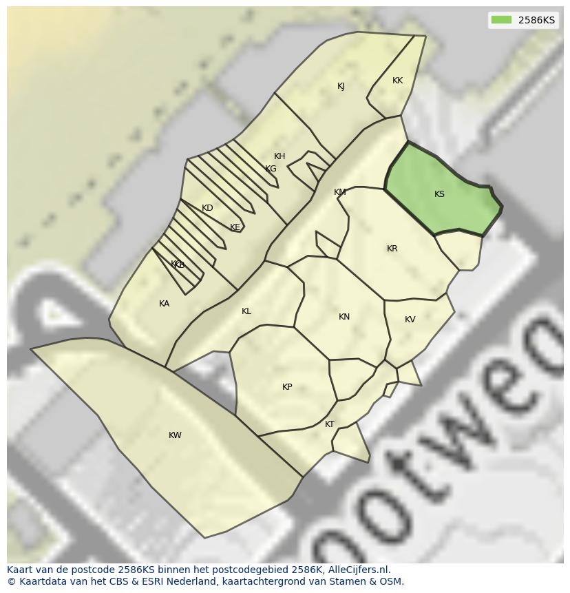 Afbeelding van het postcodegebied 2586 KS op de kaart.