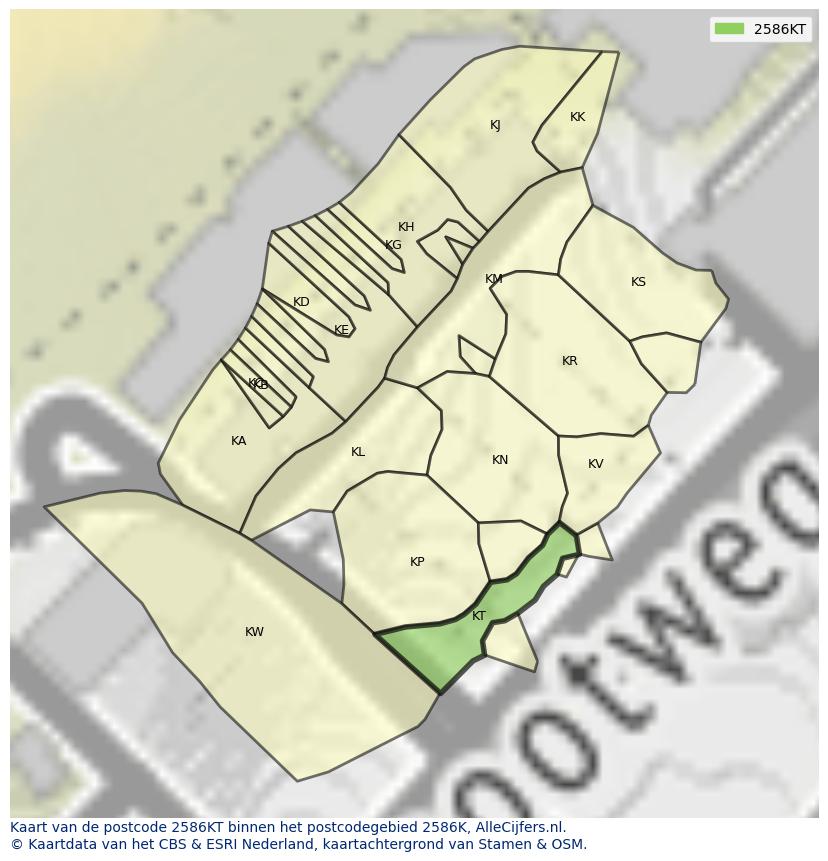 Afbeelding van het postcodegebied 2586 KT op de kaart.