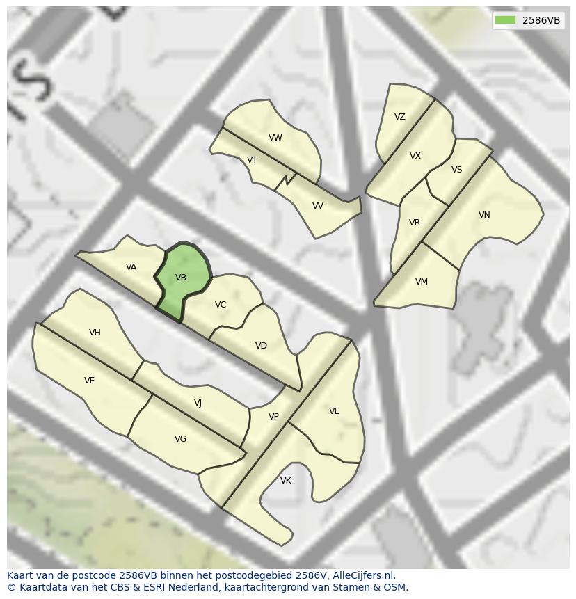 Afbeelding van het postcodegebied 2586 VB op de kaart.