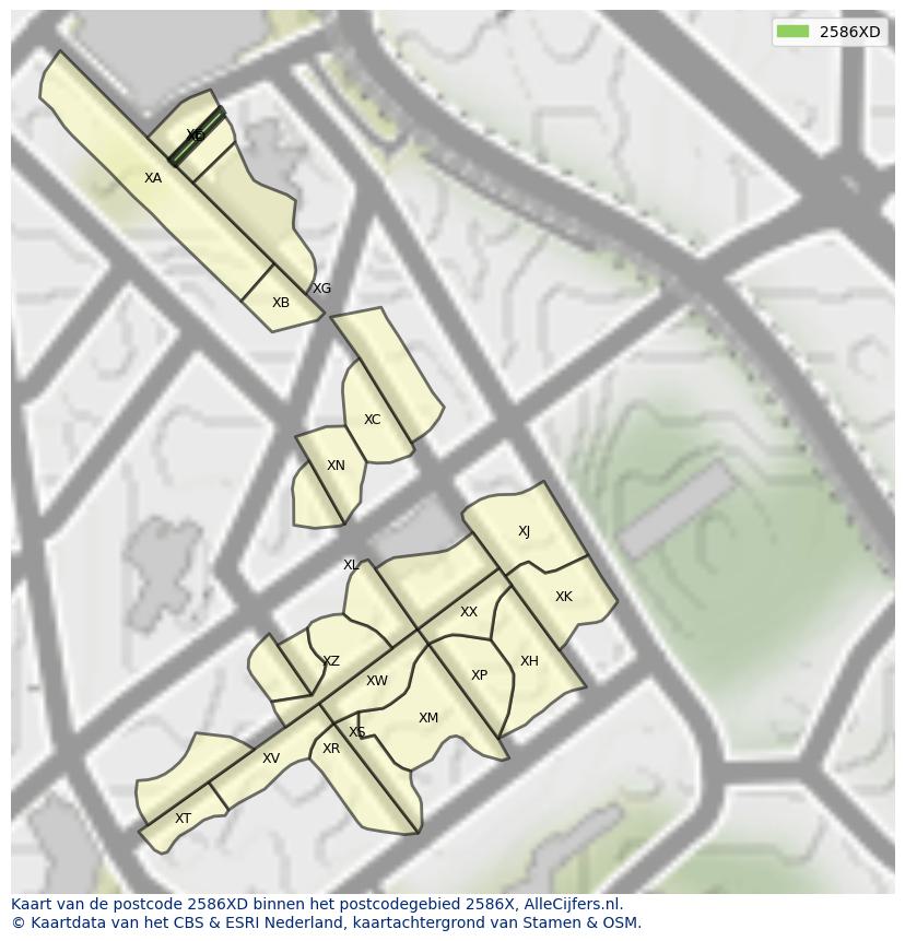 Afbeelding van het postcodegebied 2586 XD op de kaart.